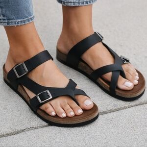 Mountain‎ Sole Women's Leather Footbed Sandals Black Adjustable Buckle